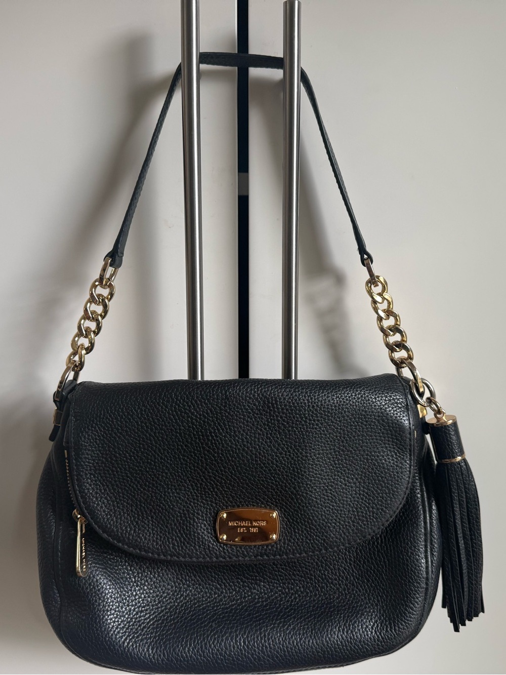 Michael Kors Black Pebbled Leather Shoulder Bag with Gold Hardware and Tassel